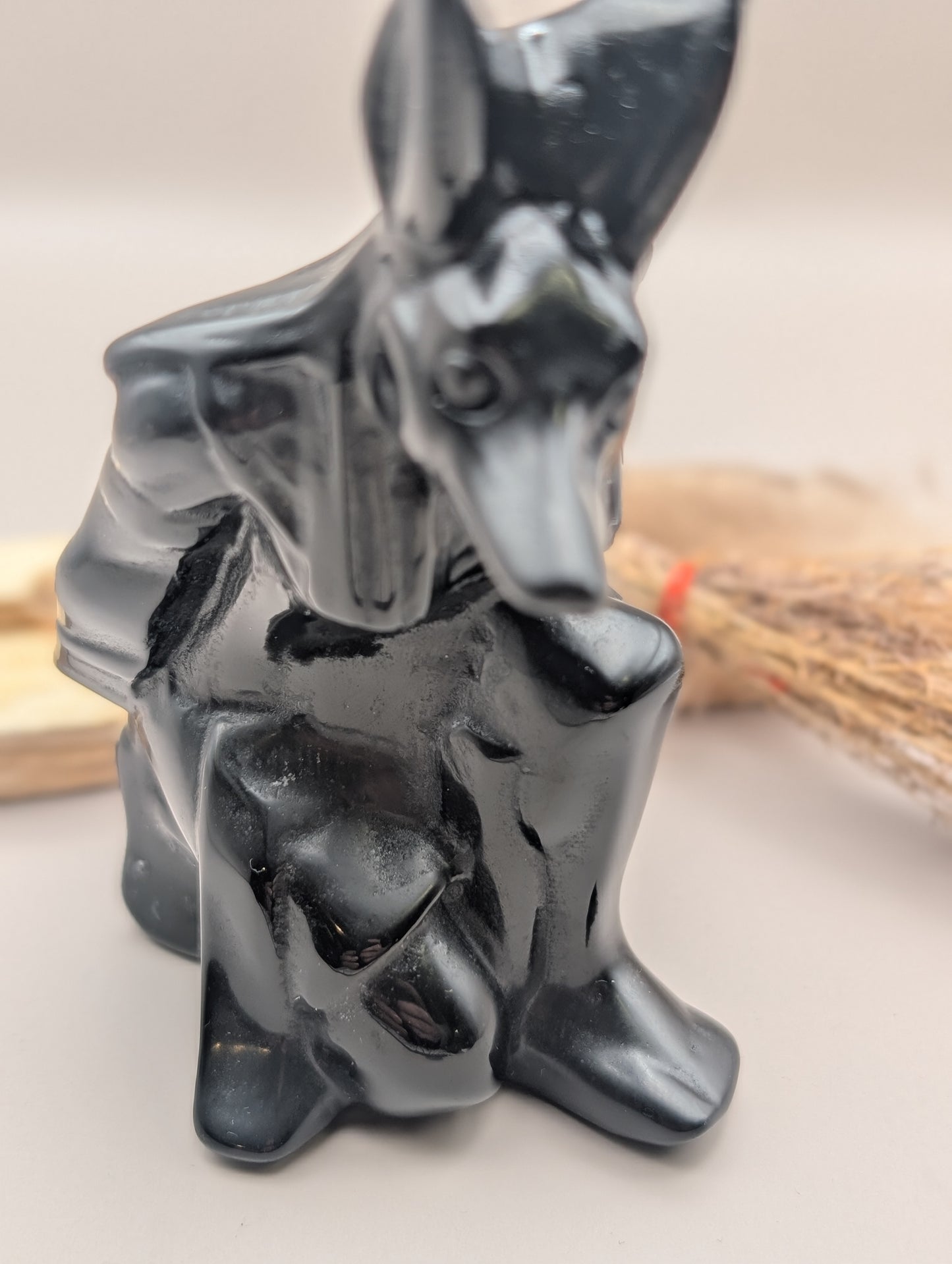 Natural Black Obsidian Anubis Statue – Hand-Carved Egyptian God of the Dead