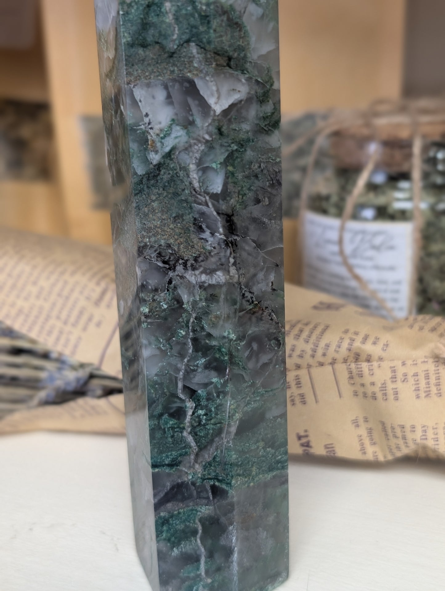 Large Natural Moss Agate obelisk Towers