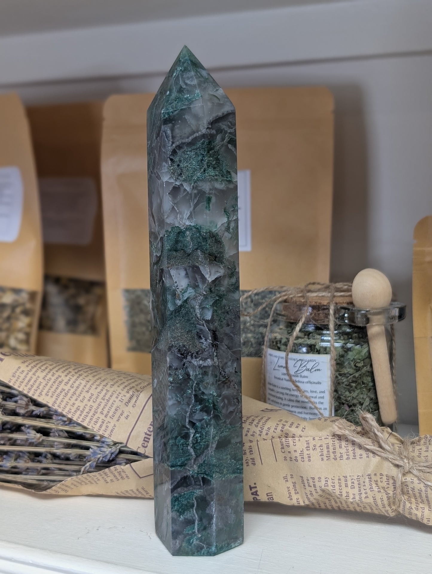 Large Natural Moss Agate obelisk Towers