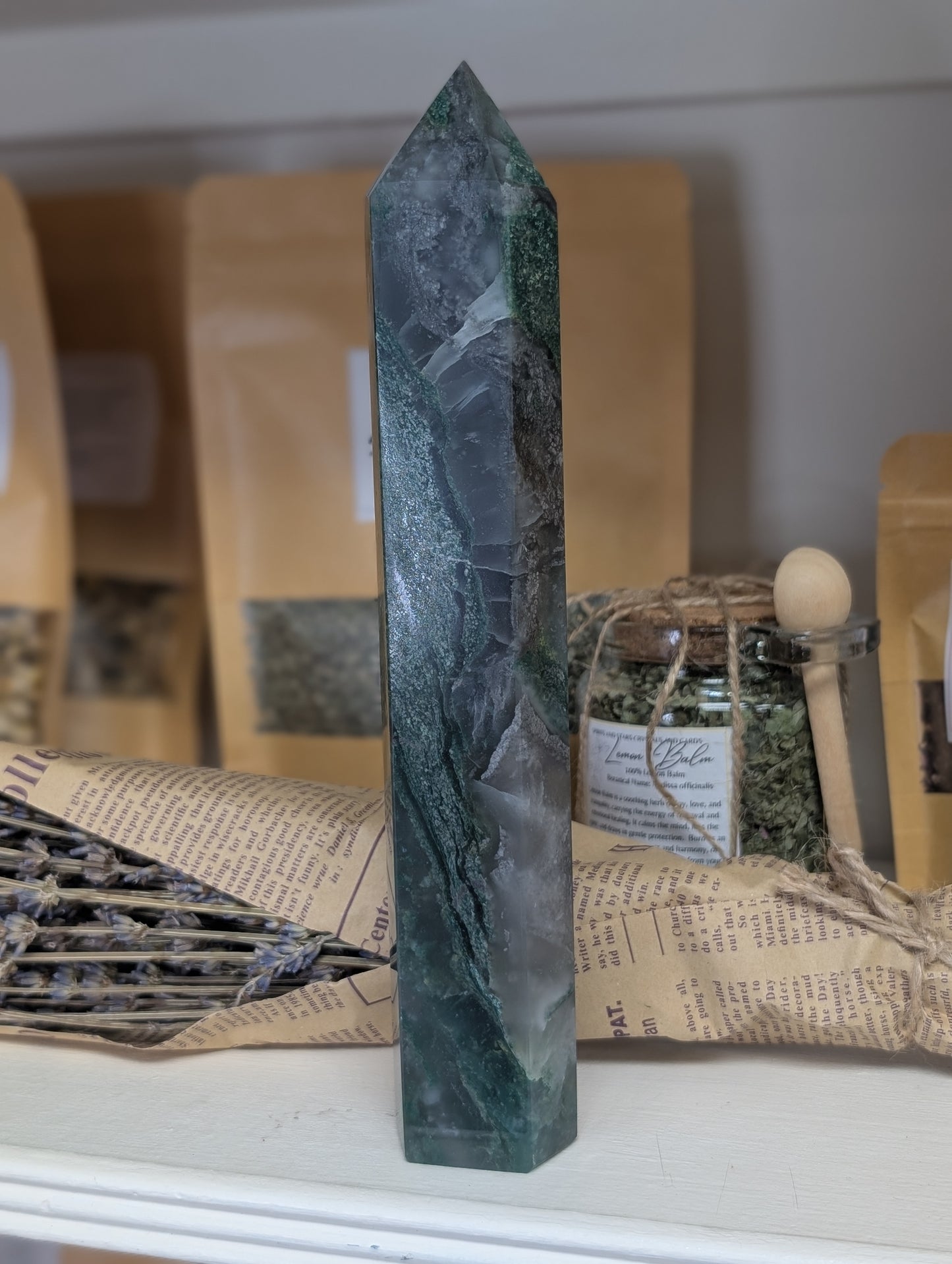 Large Natural Moss Agate obelisk Towers