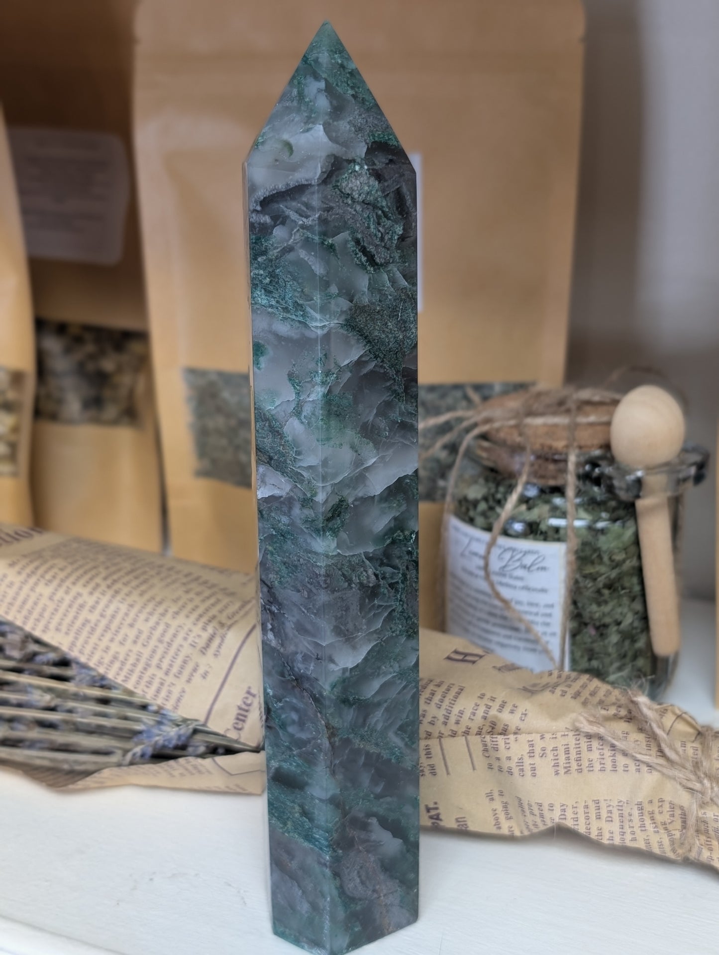 Large Natural Moss Agate obelisk Towers