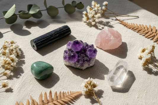 Rose Quartz, Amethyst, Black Tourmaline, Clear Quartz, and Green Aventurine for love, protection, clarity, and growth
