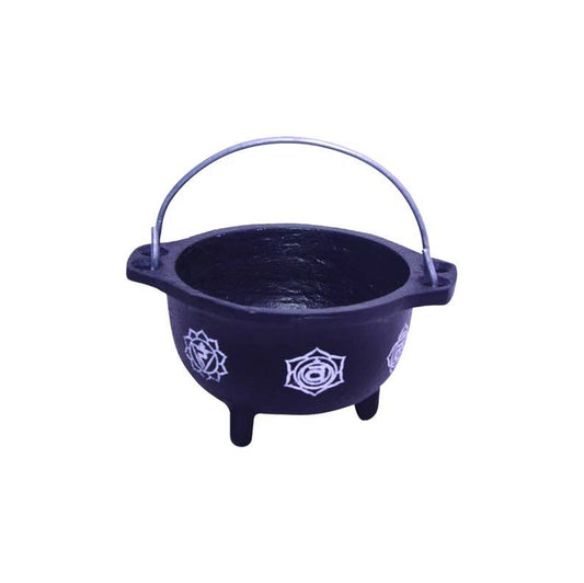 Seven Chakras Cast Iron Cauldron with Handle &amp; Lid