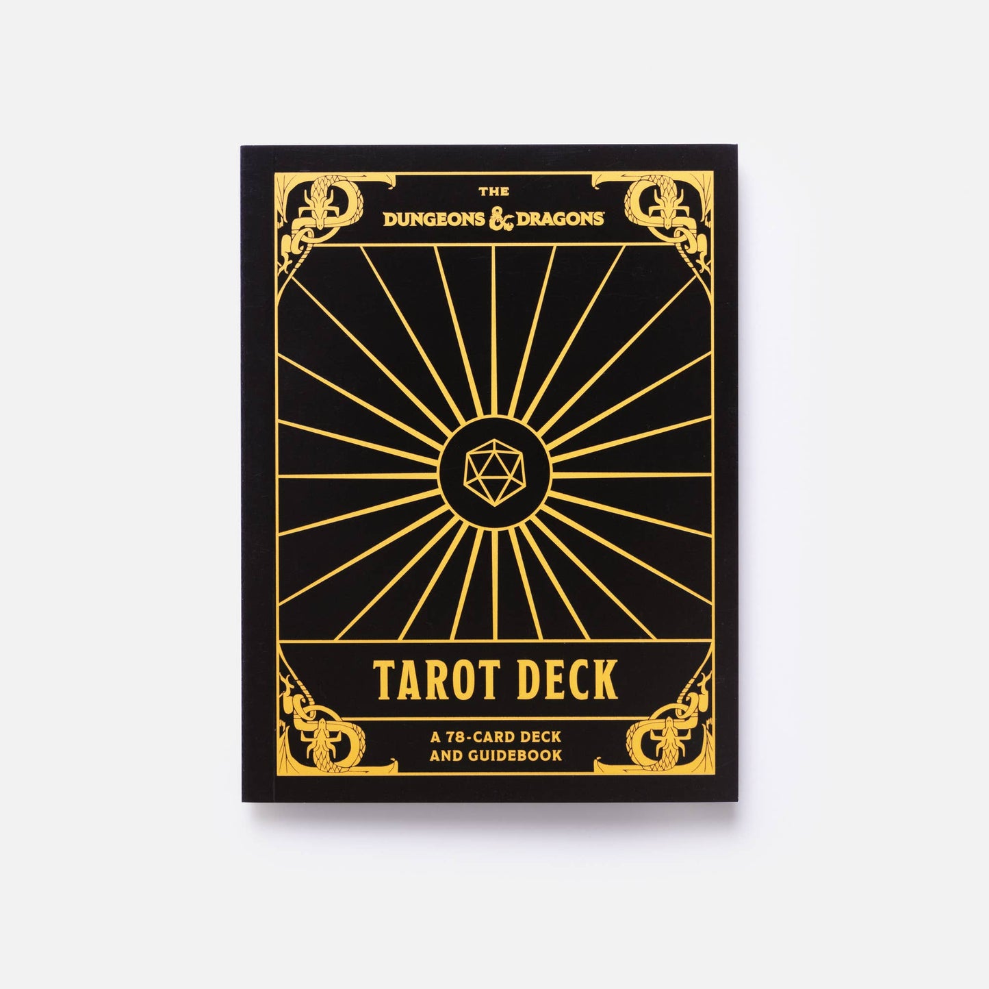 Dungeons & Dragons Tarot Deck packaging with gold text on a black background