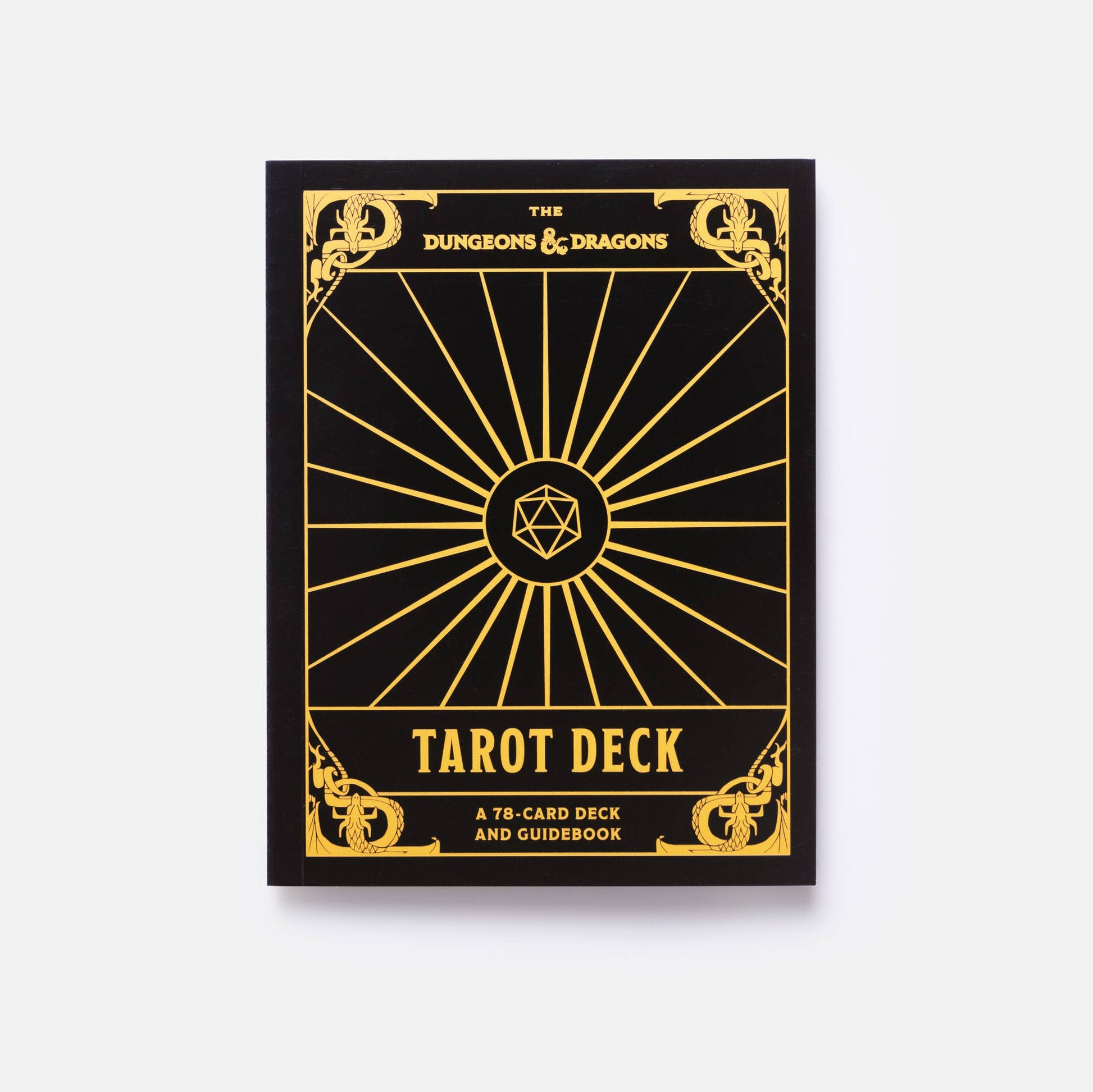 Dungeons & Dragons Tarot Deck packaging with gold text on a black background