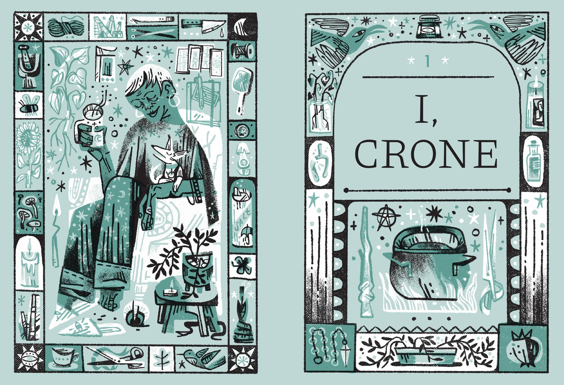 Book cover of 'I, Crone' with decorative elements and illustrations.