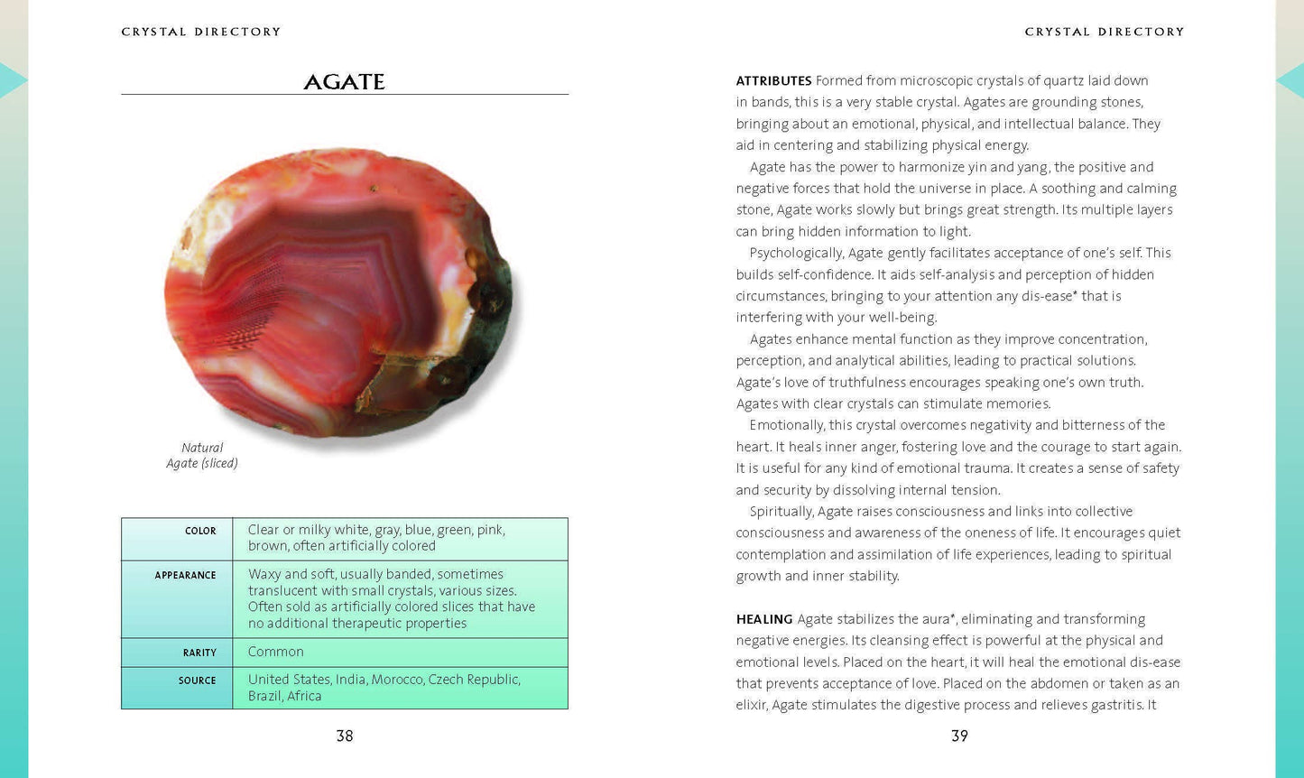 Book page with information about agate crystals, including a photo of an agate stone.