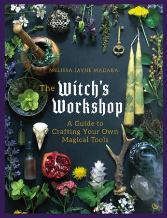 Book cover of 'The Witch's Workshop' with magical tools and plants on a dark background