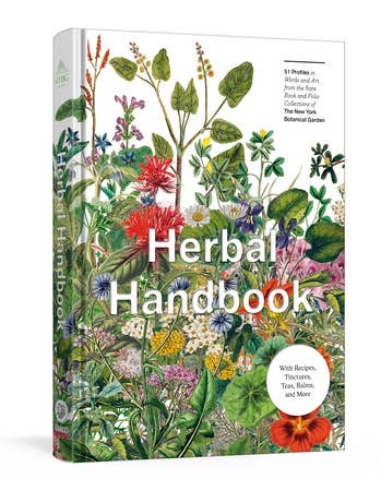 Book titled 'Herbal Handbook' with colorful illustrations of herbs and flowers on the cover.