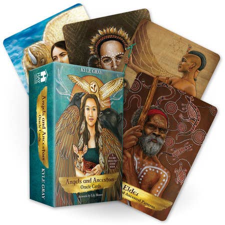 Oracle cards with artistic designs and a box labeled 'Kyle Gray Angels and Ancestors Oracle Cards'.