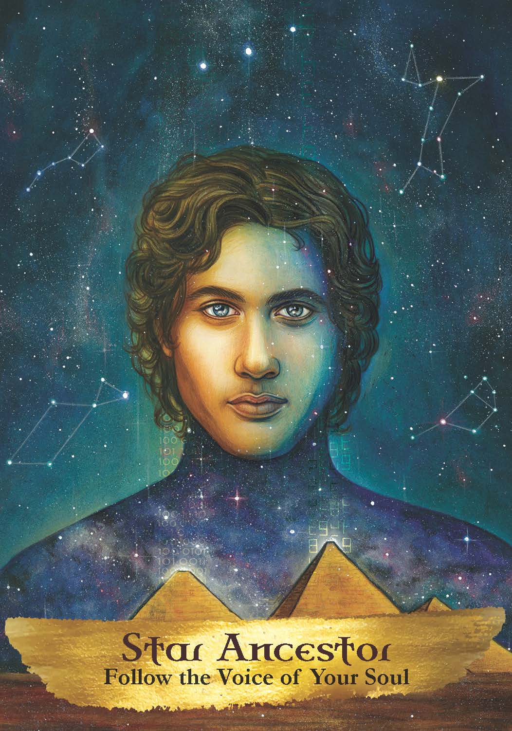 Artistic depiction of a person with a cosmic background and text 'Star Ancestor: Follow the Voice of Your Soul'.