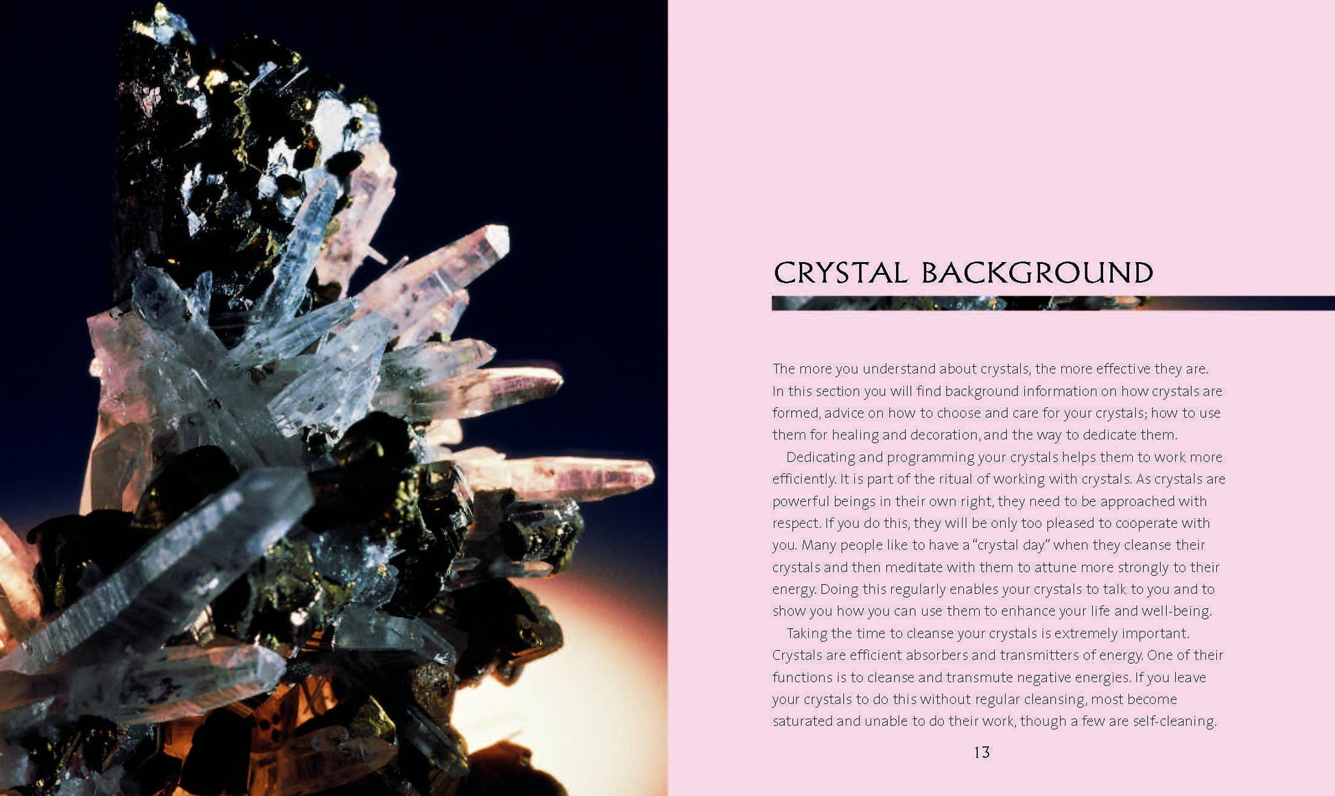 Close-up of crystal formations with a text overlay on a pink background