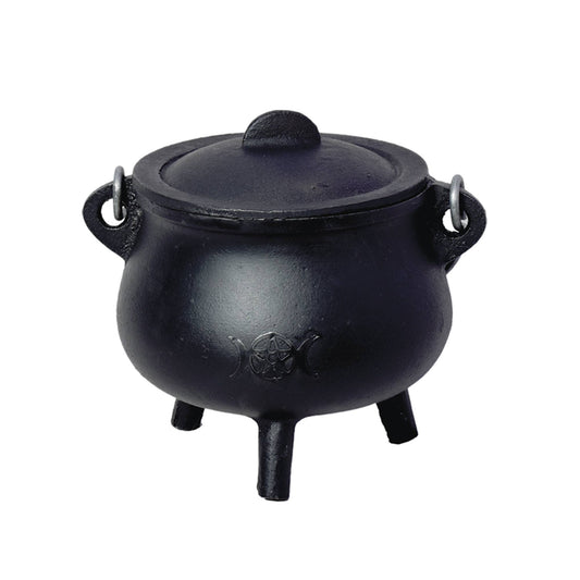 6" Triple Moon Cast Iron Cauldron with Lid &amp; Handles