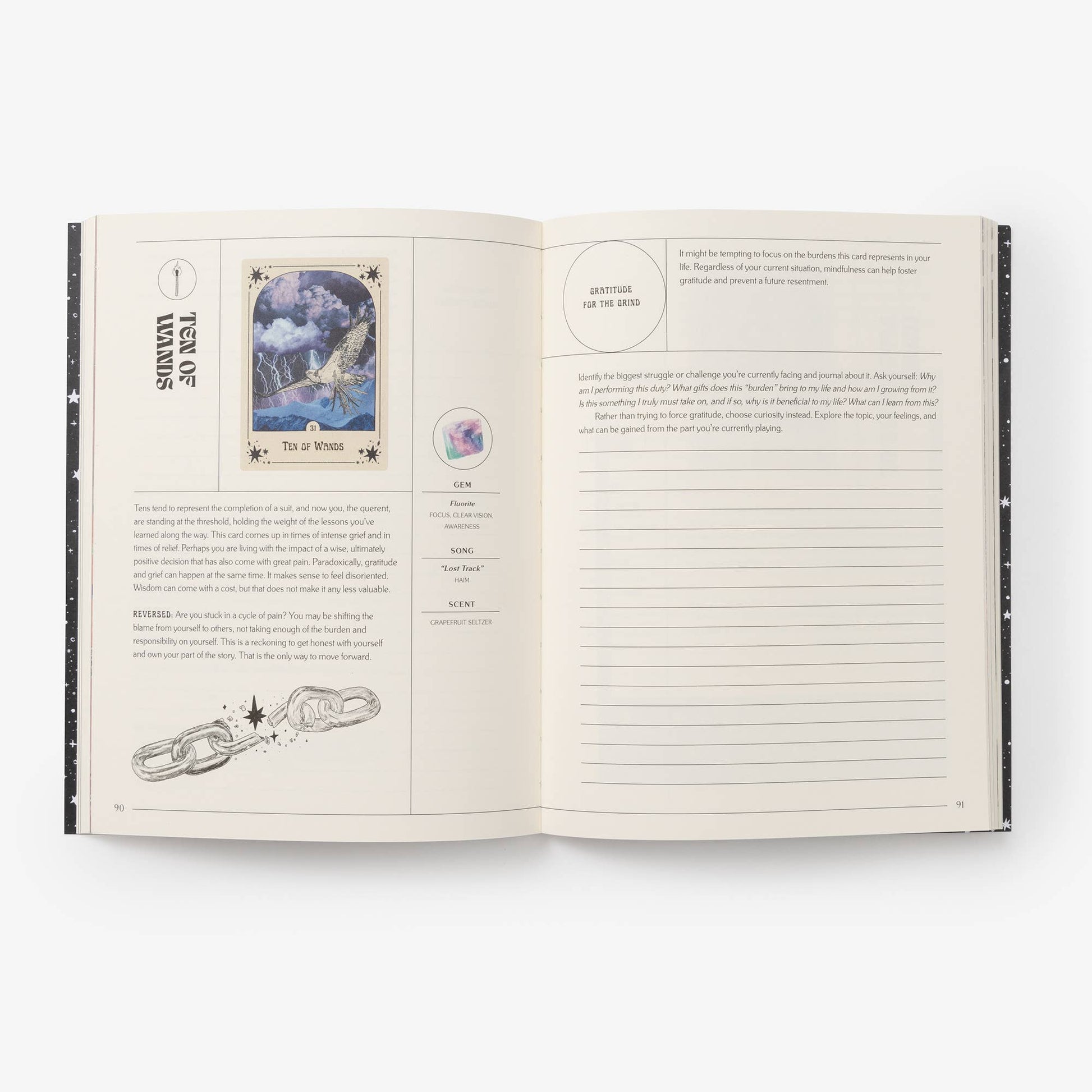 Open book with tarot card and text on a white background