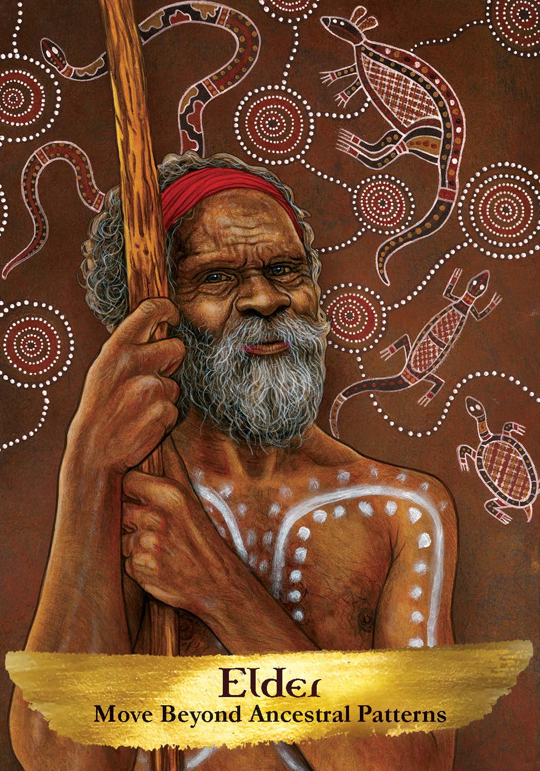 Illustration of an elder with traditional body paint and a spear, set against an Aboriginal art background.