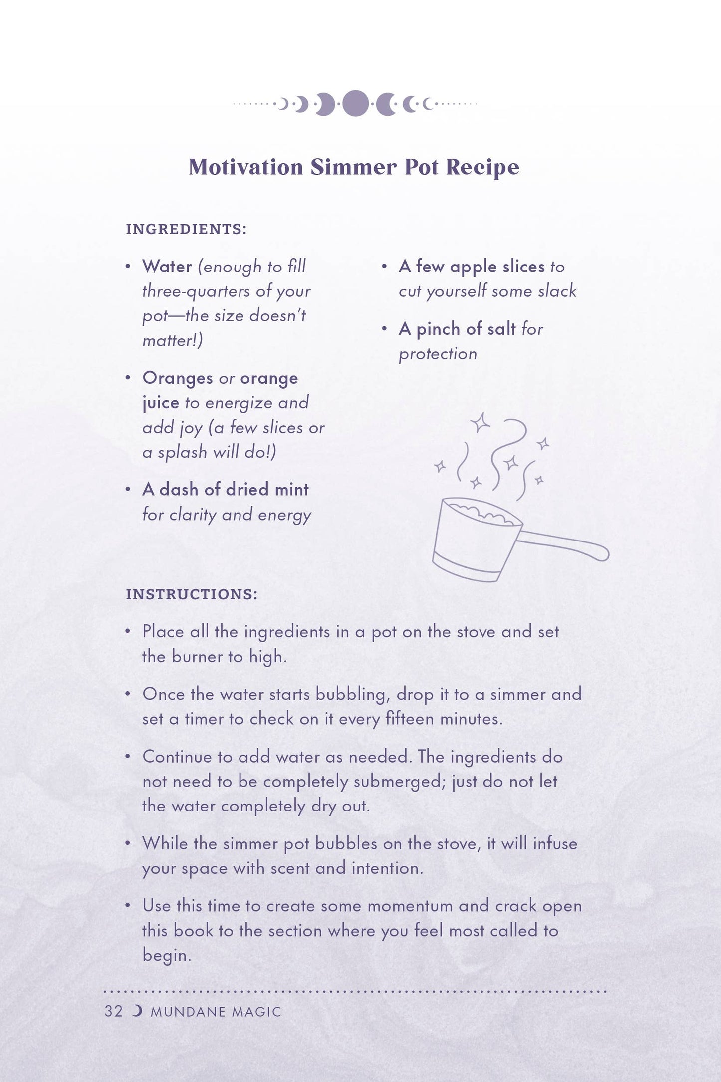 Motivation Simmer Pot Recipe card with ingredients and instructions on a white background
