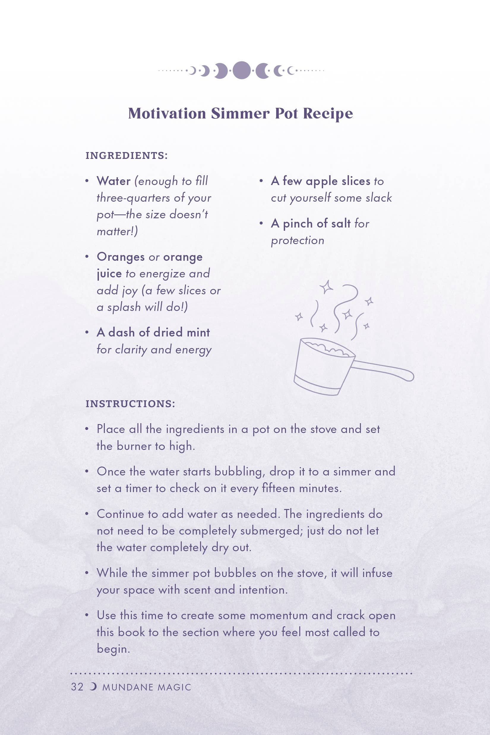 Motivation Simmer Pot Recipe card with ingredients and instructions on a white background