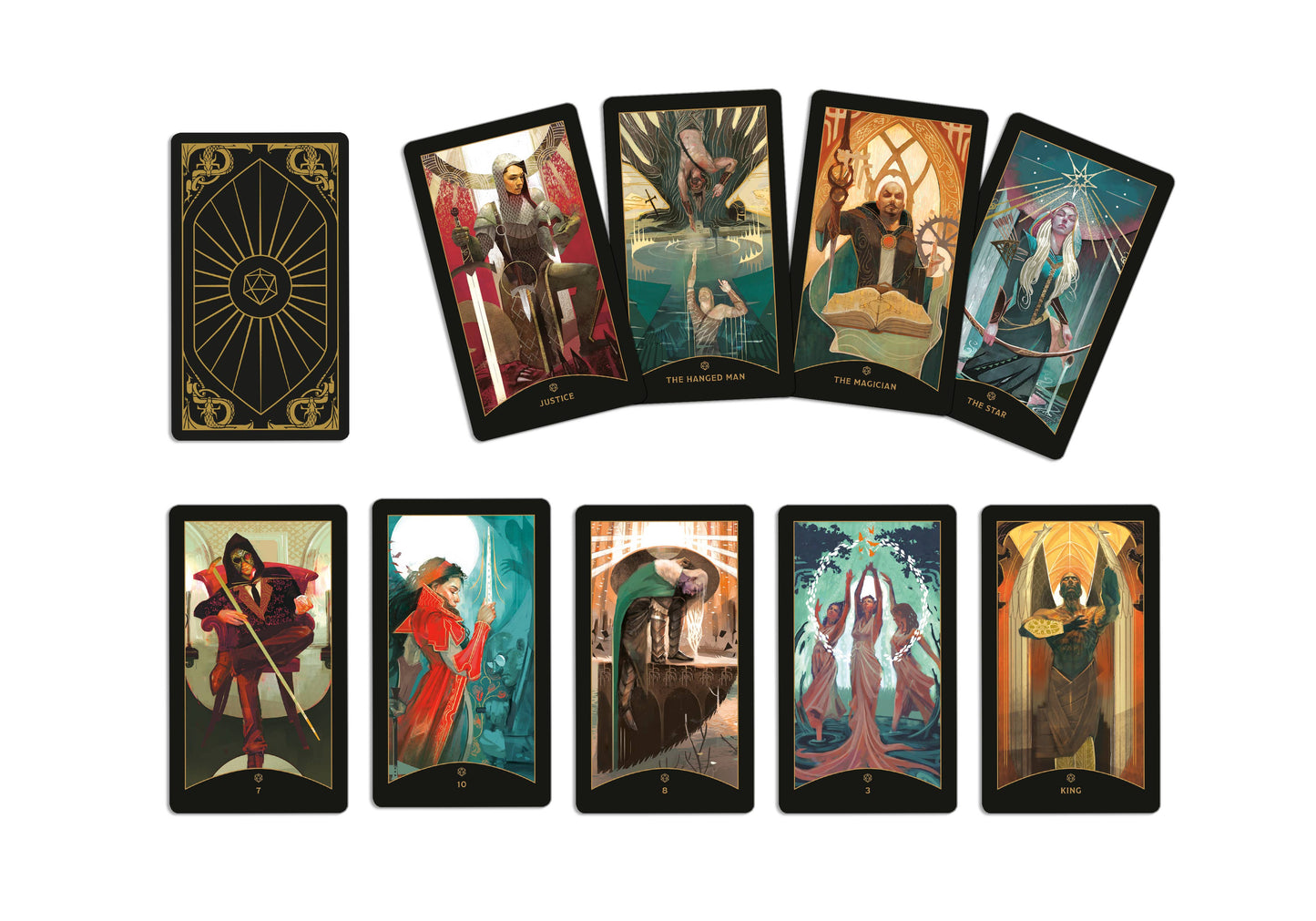 Set of tarot cards with colorful illustrations on a white background