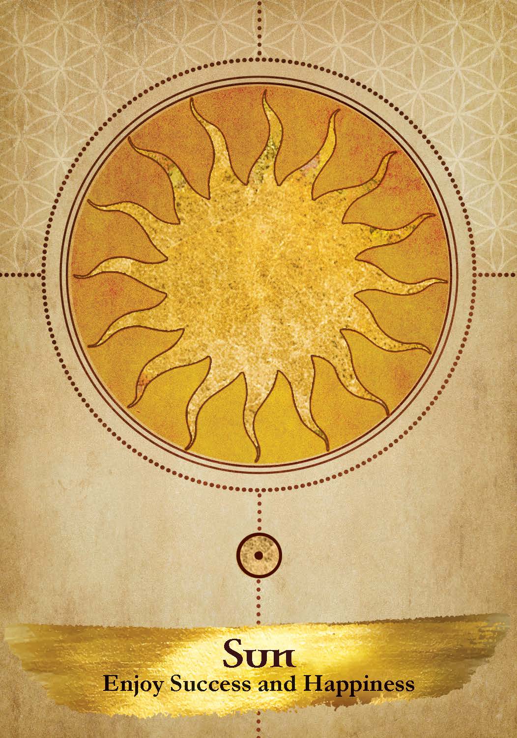 Decorative card with a sun design and text 'Enjoy Success and Happiness' on a beige background.