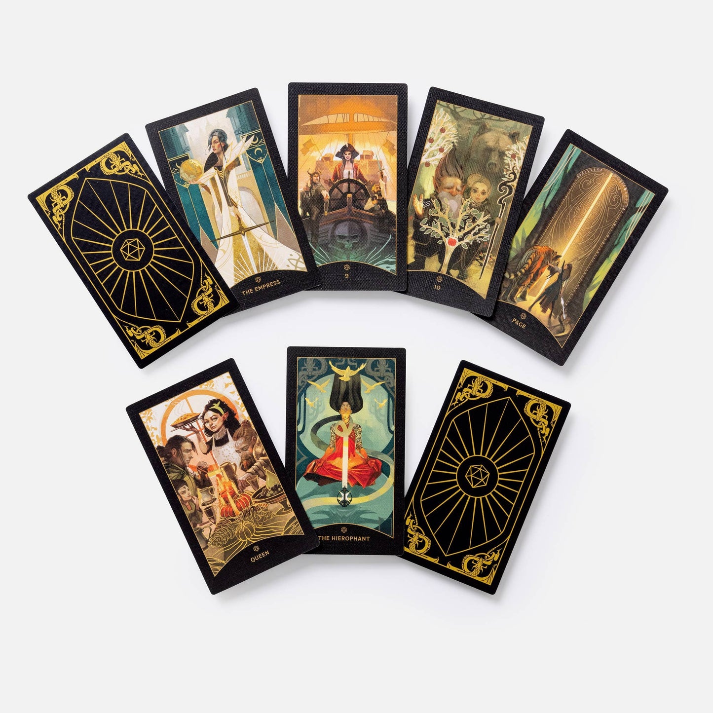 Set of tarot cards with intricate designs on a white background