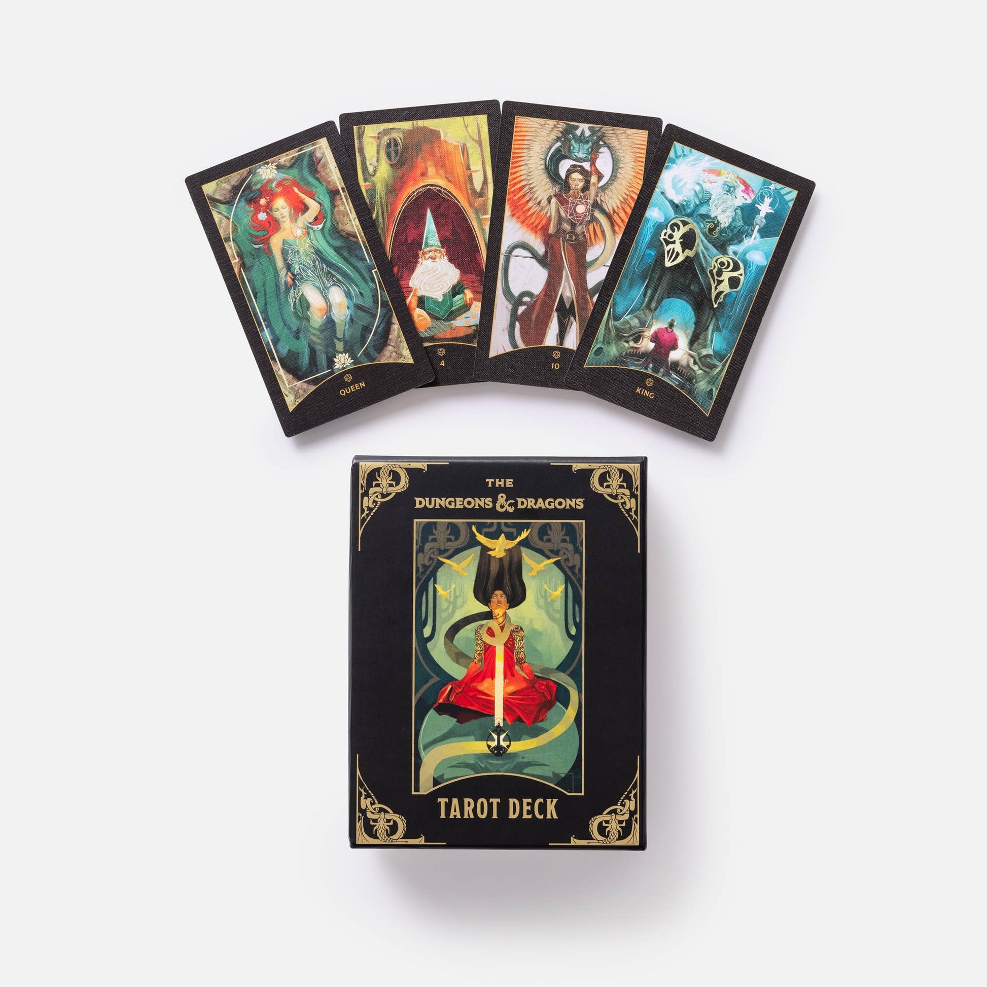 Tarot cards with colorful illustrations on a white background