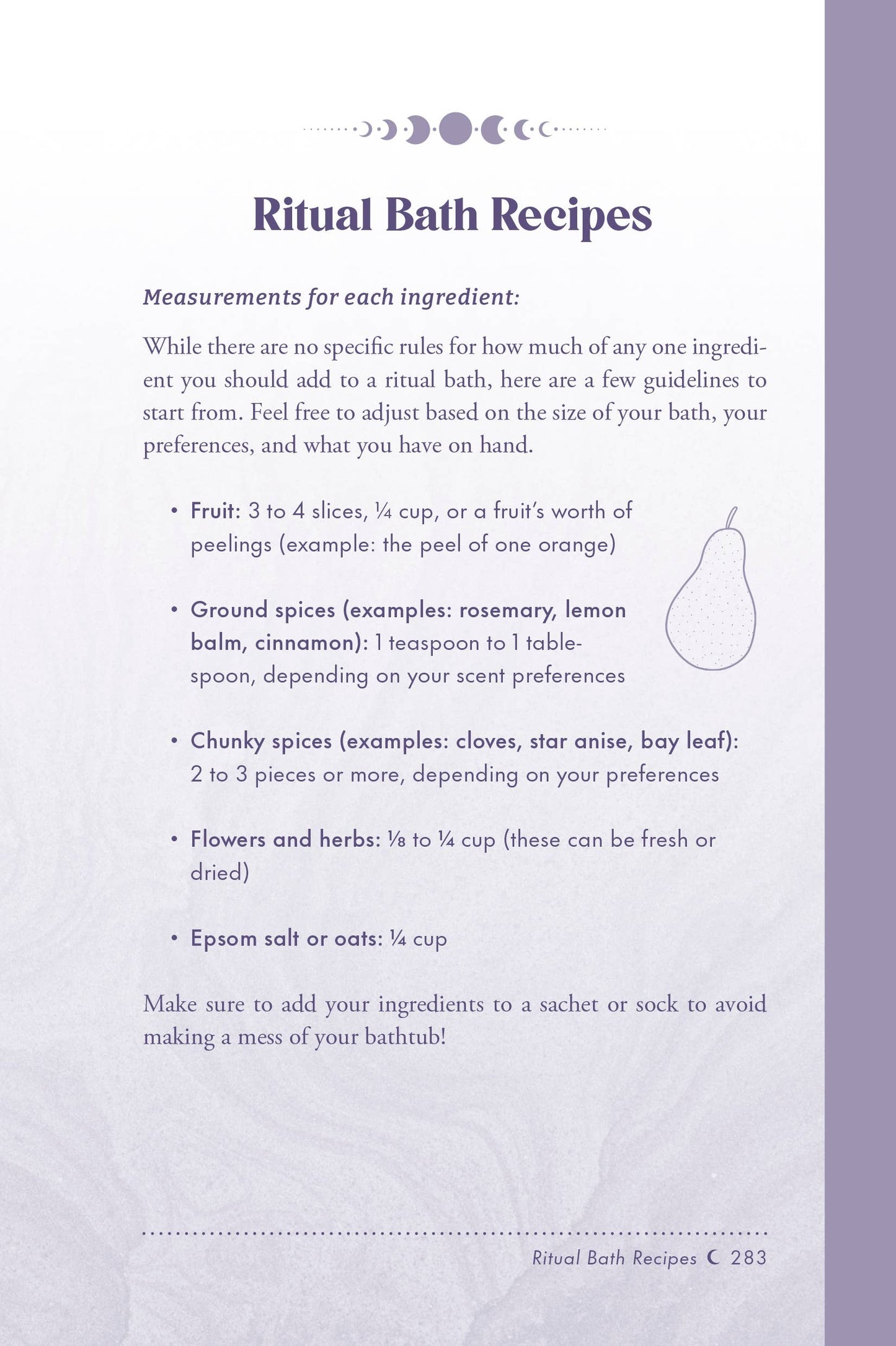 Ritual Bath Recipes page with text and a pear illustration on a white and purple background.