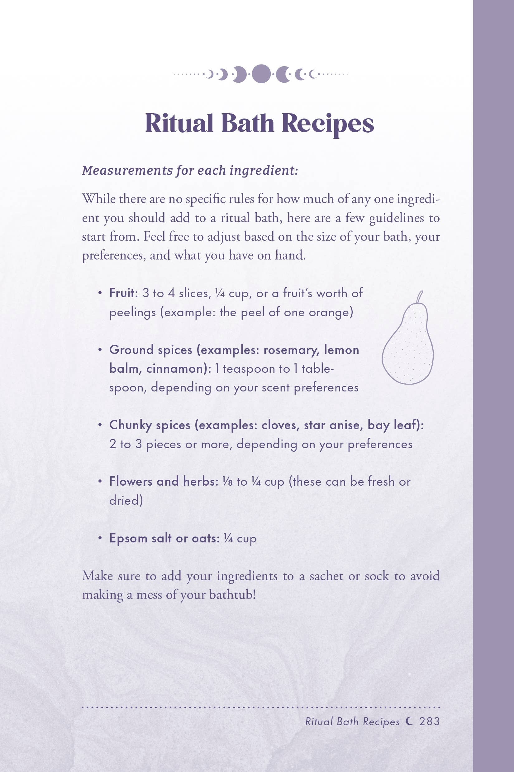 Ritual Bath Recipes page with text and a pear illustration on a white and purple background.