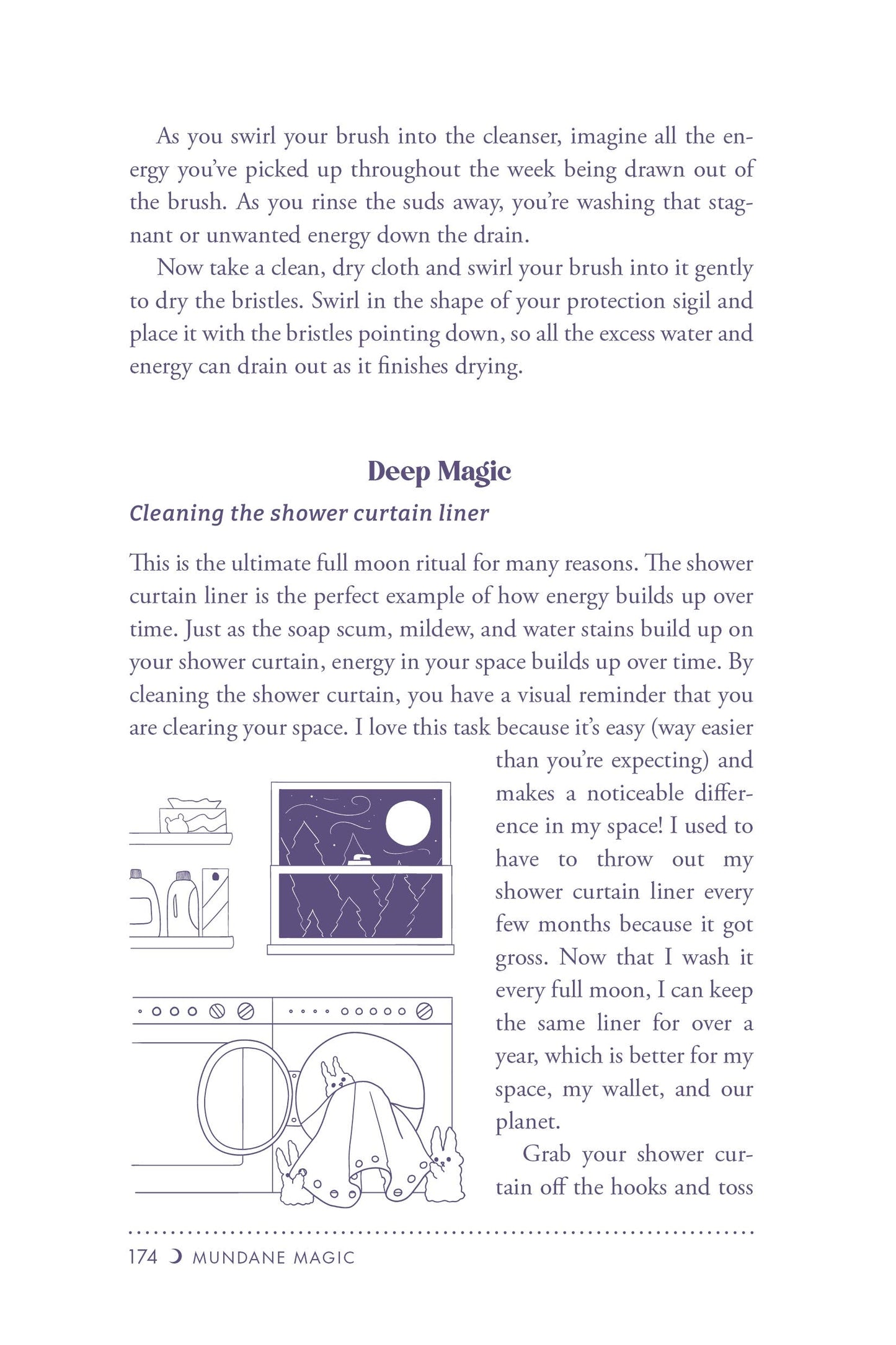 Page from a book titled 'Mundane Magic' with text and illustrations about cleaning the shower curtain liner.