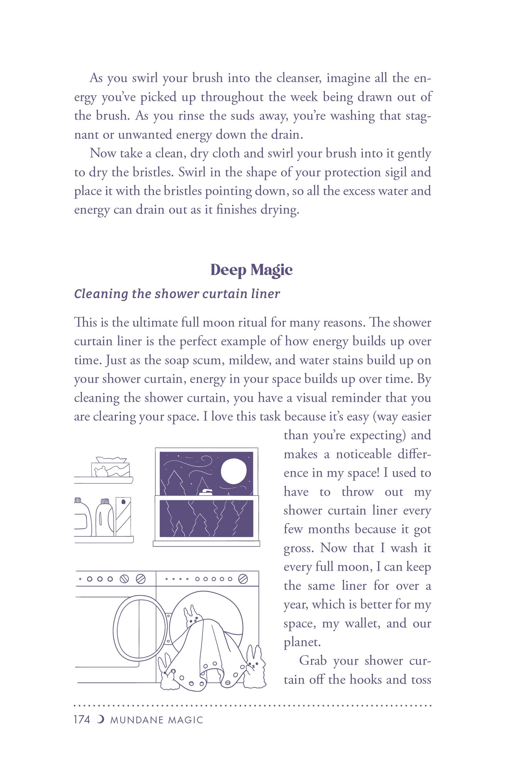 Page from a book titled 'Mundane Magic' with text and illustrations about cleaning the shower curtain liner.