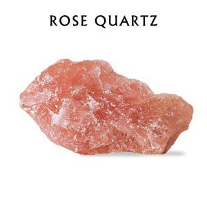Raw rose quartz crystal on a white background with 'ROSE QUARTZ' text above.