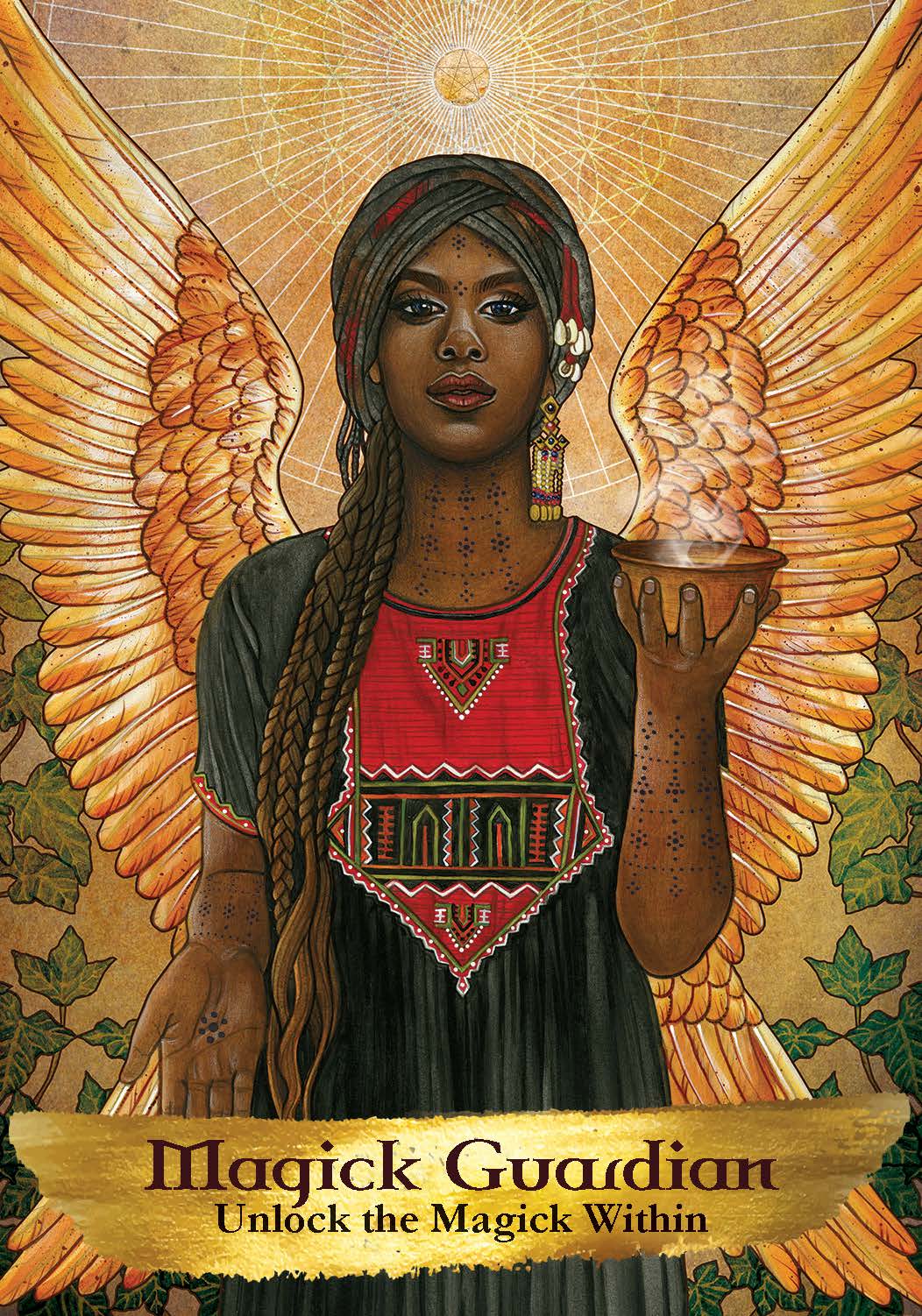 Artistic depiction of a woman with wings holding a candle, titled 'Magick Guardian: Unlock the Magick Within'.