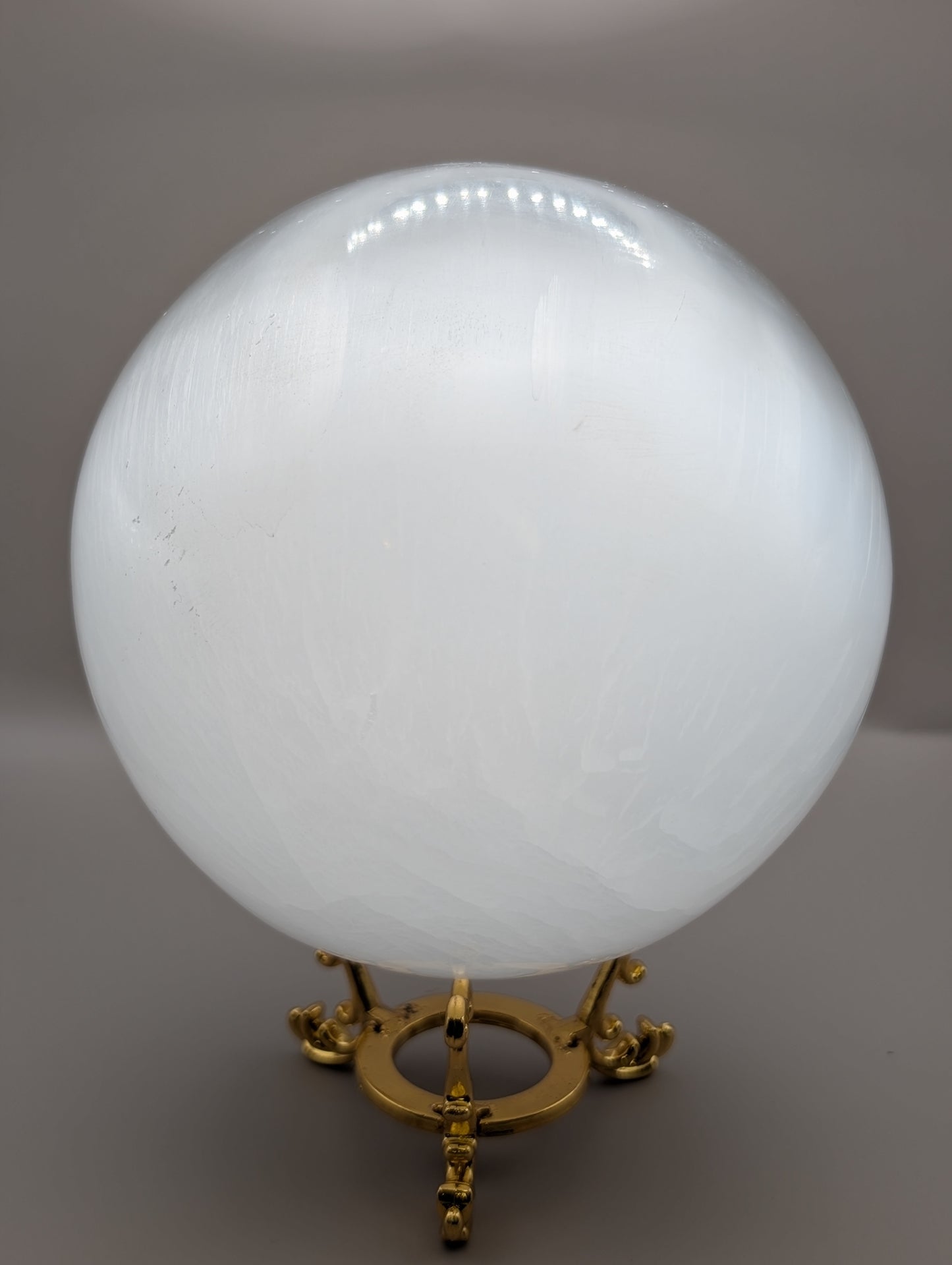 Large Selenite Sphere with Gold Stand