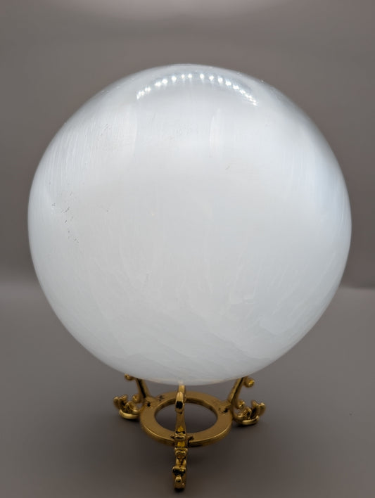 Large Selenite Sphere with Gold Stand