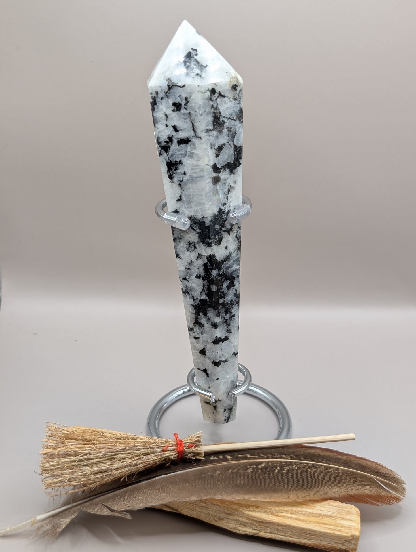 Natural Rainbow Moonstone Scepter with Stand