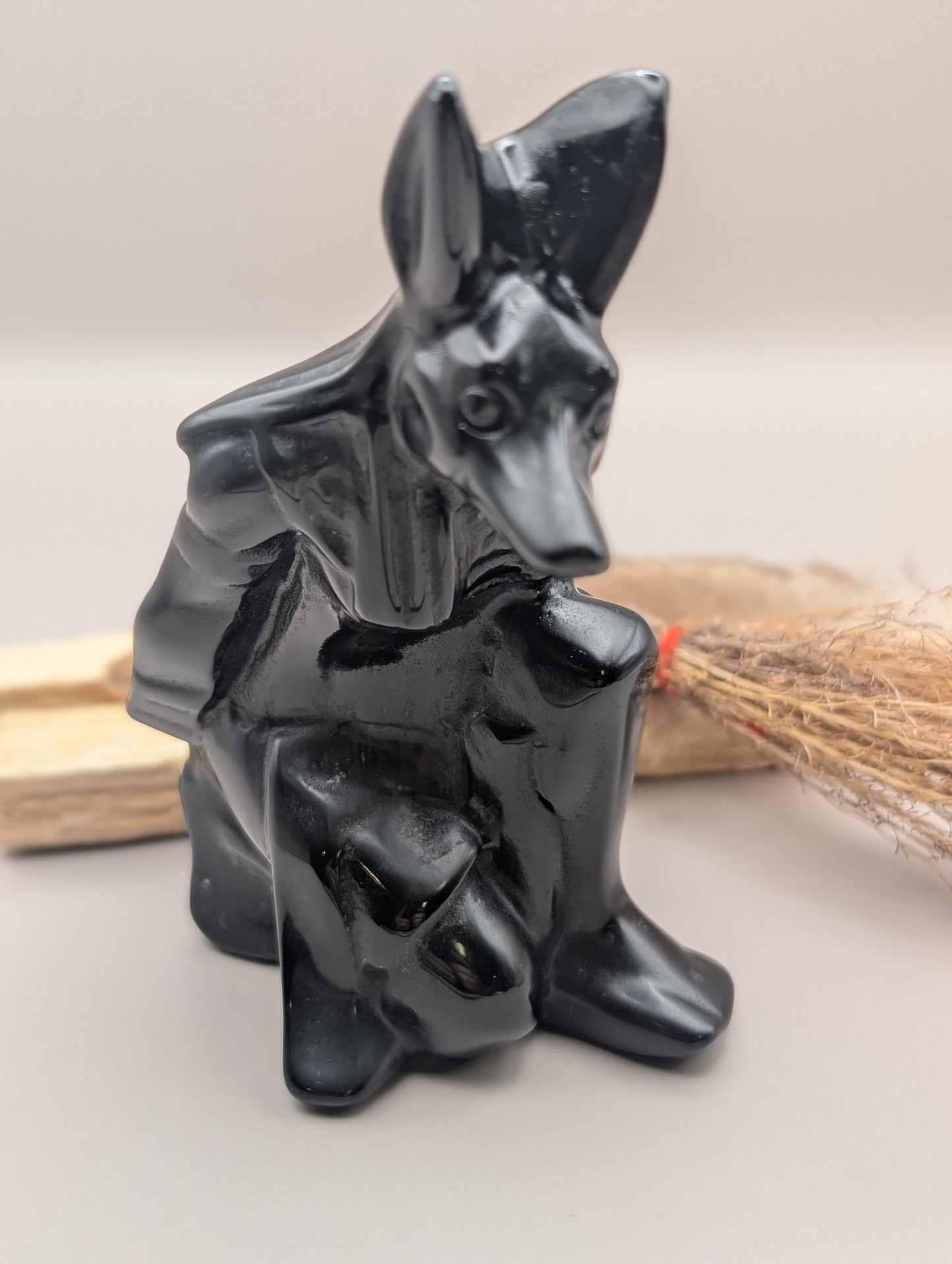 Natural Black Obsidian Anubis Statue – Hand-Carved Egyptian God of the Dead