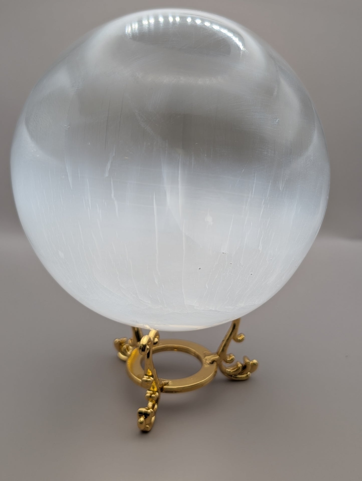 Large Selenite Sphere with Gold Stand